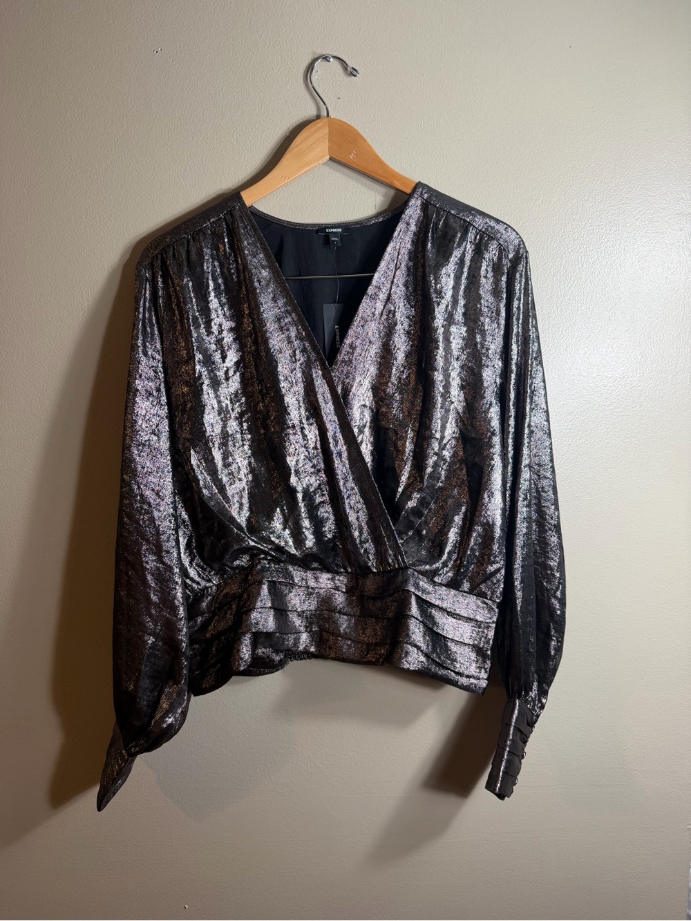 Express Metallic Wrap Top Womens Large Long Sleeve Shimmer Party Blouse NWT